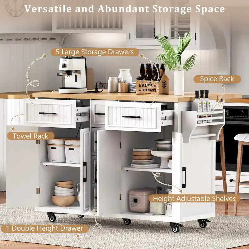 Îlot de cuisine de rangement sur roulettes avec abattant et prise de courant, îlot de cuisine de 56,5 pouces avec 4 portes, 5 tiroirs profonds