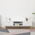 Meuble TV minimaliste blanc crème avec 2 armoires de rangement et 4 pieds en bois massif pour salon, home cinéma ou appartement