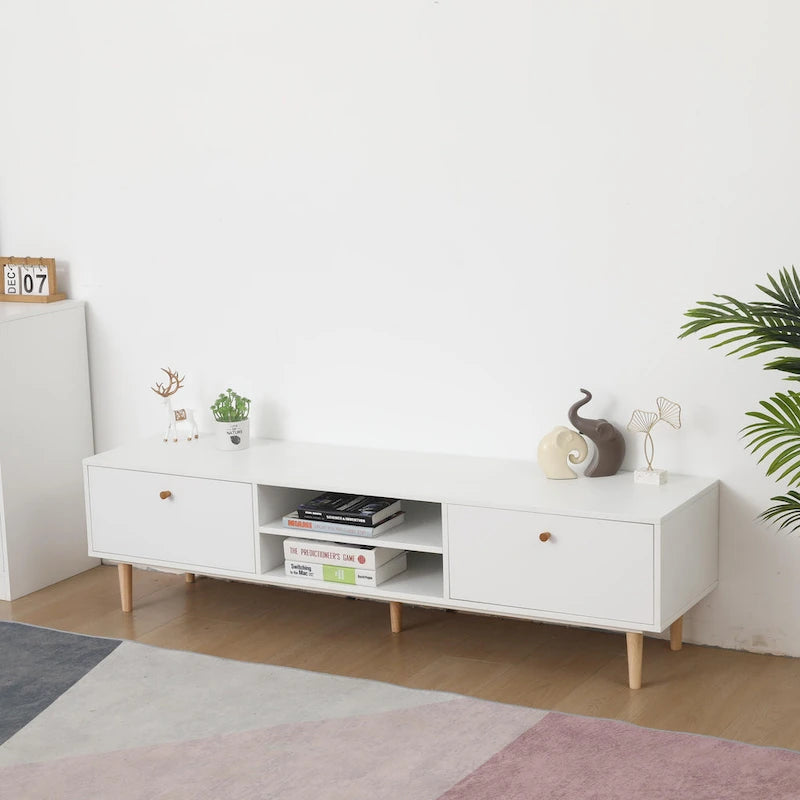 Meuble TV minimaliste blanc crème avec 2 armoires de rangement et 4 pieds en bois massif pour salon, home cinéma ou appartement