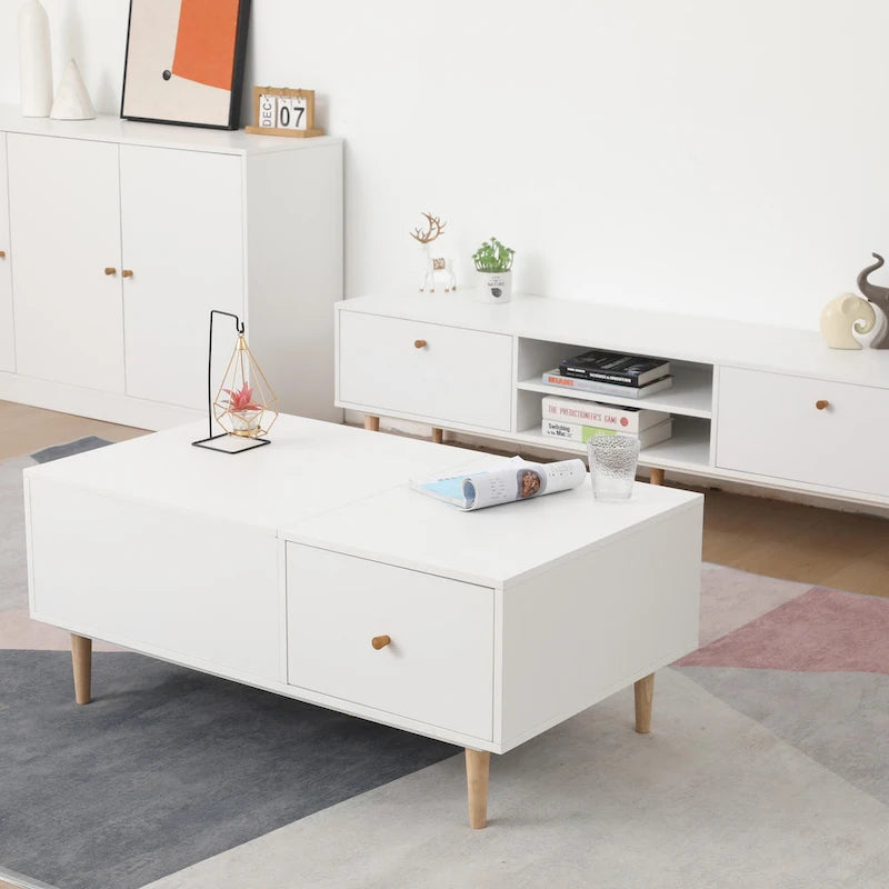 Meuble TV minimaliste blanc crème avec 2 armoires de rangement et 4 pieds en bois massif pour salon, home cinéma ou appartement
