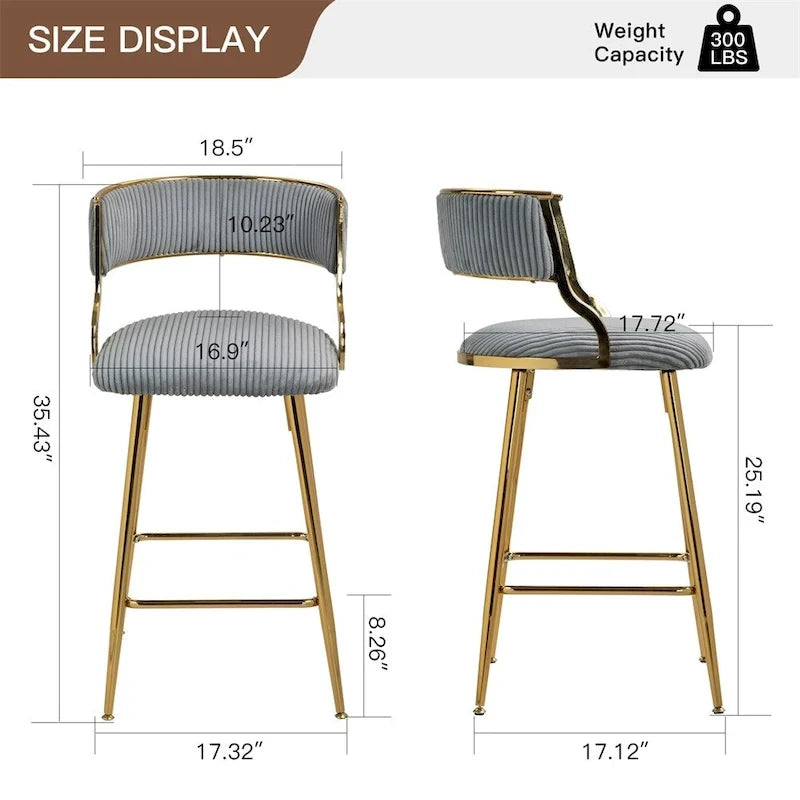 2 Tabourets de bar hauteur comptoir 66 cm en velours côtelé pour îlot de cuisine