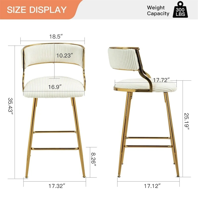 2 Tabourets de bar hauteur comptoir 66 cm en velours côtelé pour îlot de cuisine