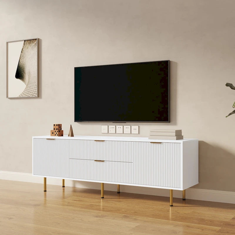 Meuble TV moderne blanc chaud avec 2 armoires de rangement et 2 tiroirs à fermeture douce pour appartements et salons