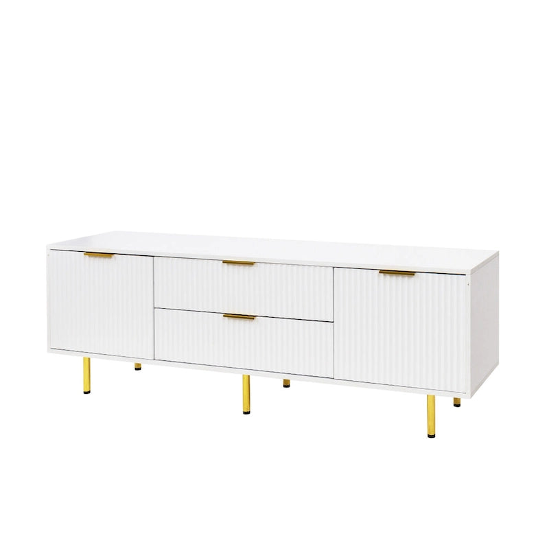 Meuble TV moderne blanc chaud avec 2 armoires de rangement et 2 tiroirs à fermeture douce pour appartements et salons