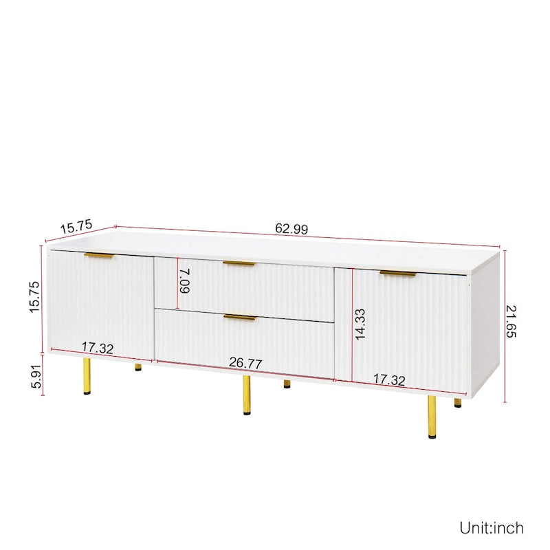 Meuble TV moderne blanc chaud avec 2 armoires de rangement et 2 tiroirs à fermeture douce pour appartements et salons