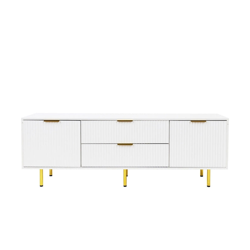 Meuble TV moderne blanc chaud avec 2 armoires de rangement et 2 tiroirs à fermeture douce pour appartements et salons