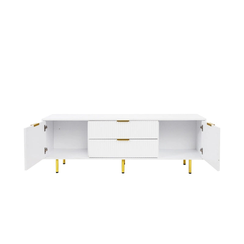 Meuble TV moderne blanc chaud avec 2 armoires de rangement et 2 tiroirs à fermeture douce pour appartements et salons