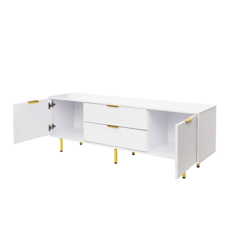 Meuble TV moderne blanc chaud avec 2 armoires de rangement et 2 tiroirs à fermeture douce pour appartements et salons