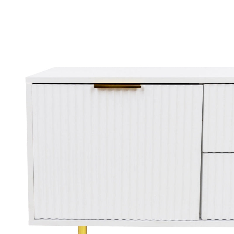 Meuble TV moderne blanc chaud avec 2 armoires de rangement et 2 tiroirs à fermeture douce pour appartements et salons