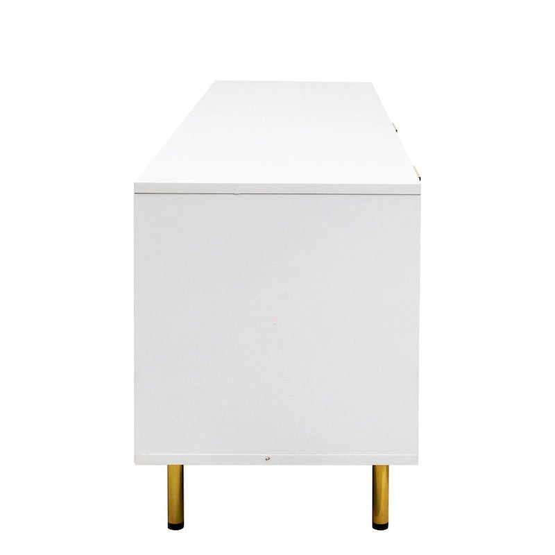 Meuble TV moderne blanc chaud avec 2 armoires de rangement et 2 tiroirs à fermeture douce pour appartements et salons