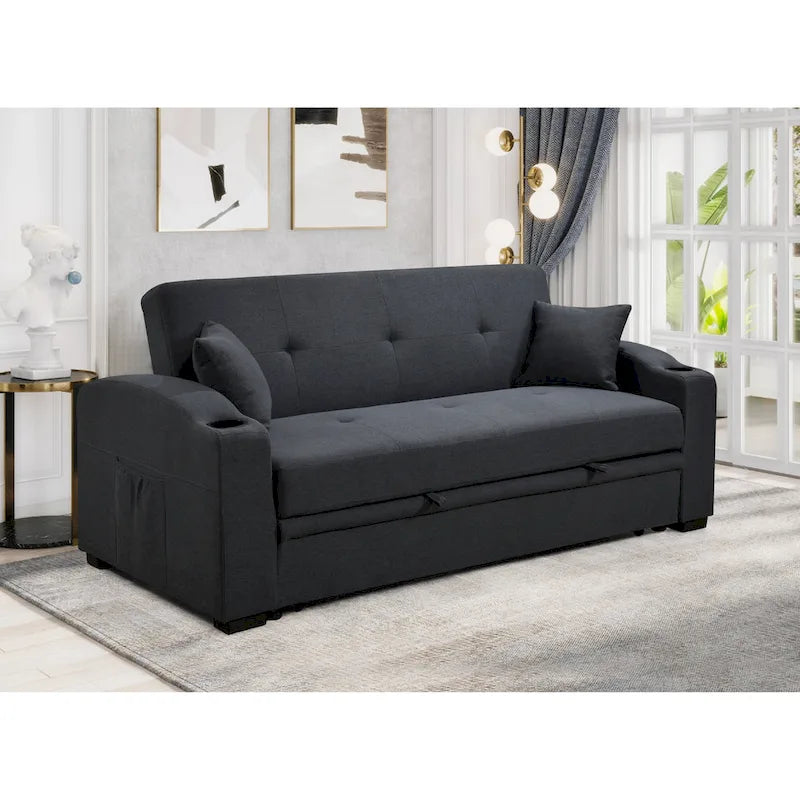 Canapé moderne convertible 3 en 1 Roomfitters 75 pouces avec lit gigogne pratique, dossier inclinable, porte-gobelets, oreillers