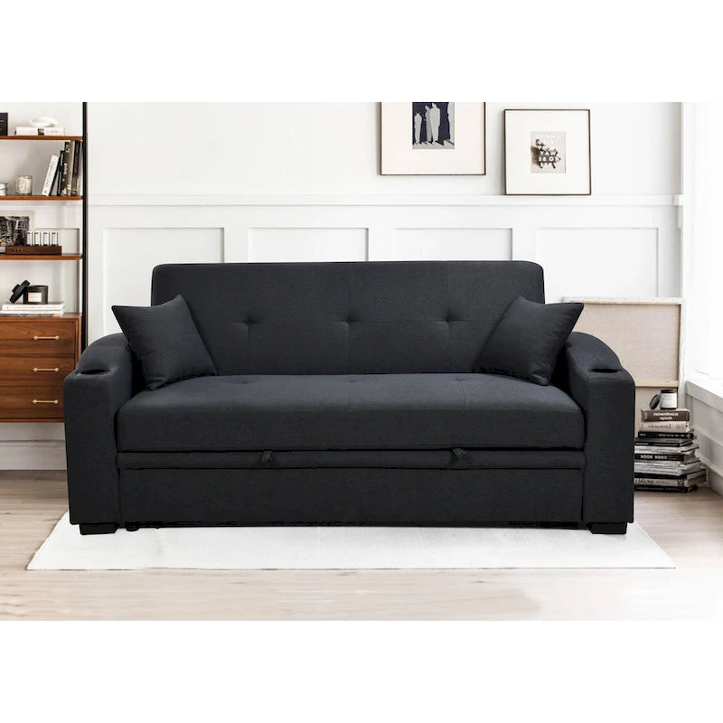 Canapé moderne convertible 3 en 1 Roomfitters 75 pouces avec lit gigogne pratique, dossier inclinable, porte-gobelets, oreillers