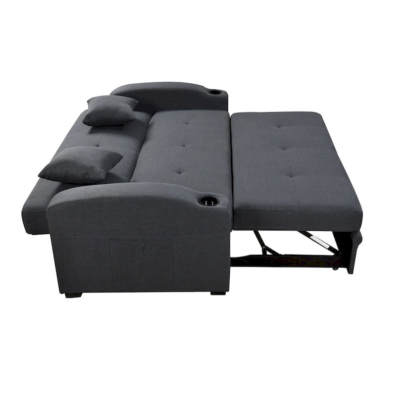 Canapé moderne convertible 3 en 1 Roomfitters 75 pouces avec lit gigogne pratique, dossier inclinable, porte-gobelets, oreillers