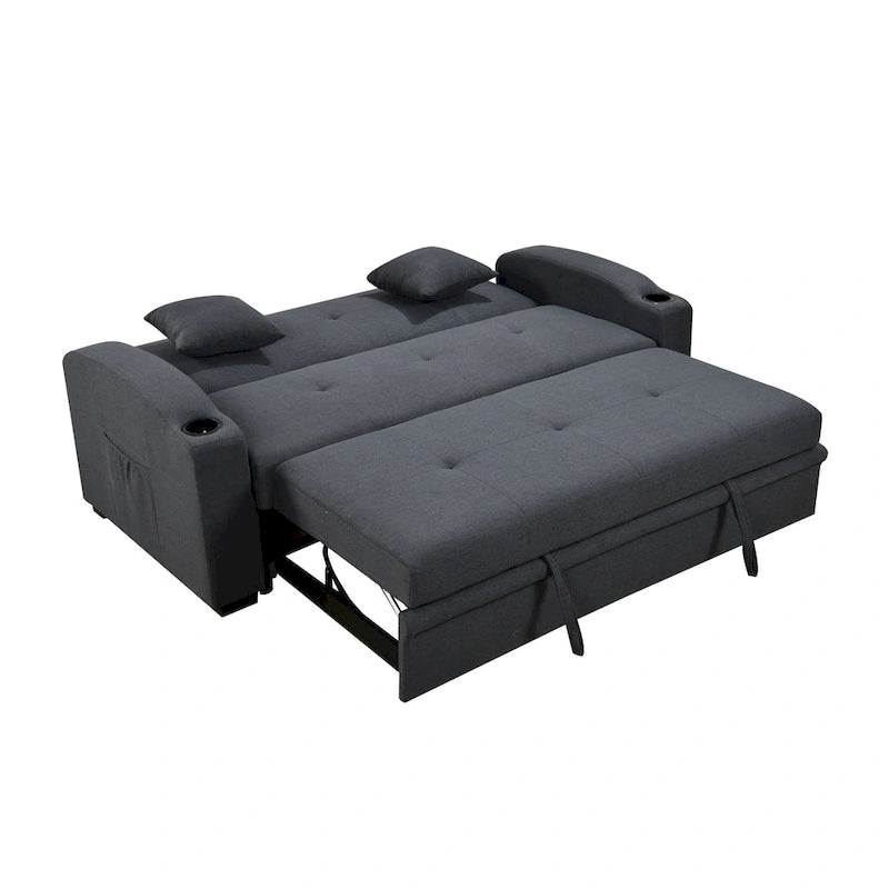 Canapé moderne convertible 3 en 1 Roomfitters 75 pouces avec lit gigogne pratique, dossier inclinable, porte-gobelets, oreillers
