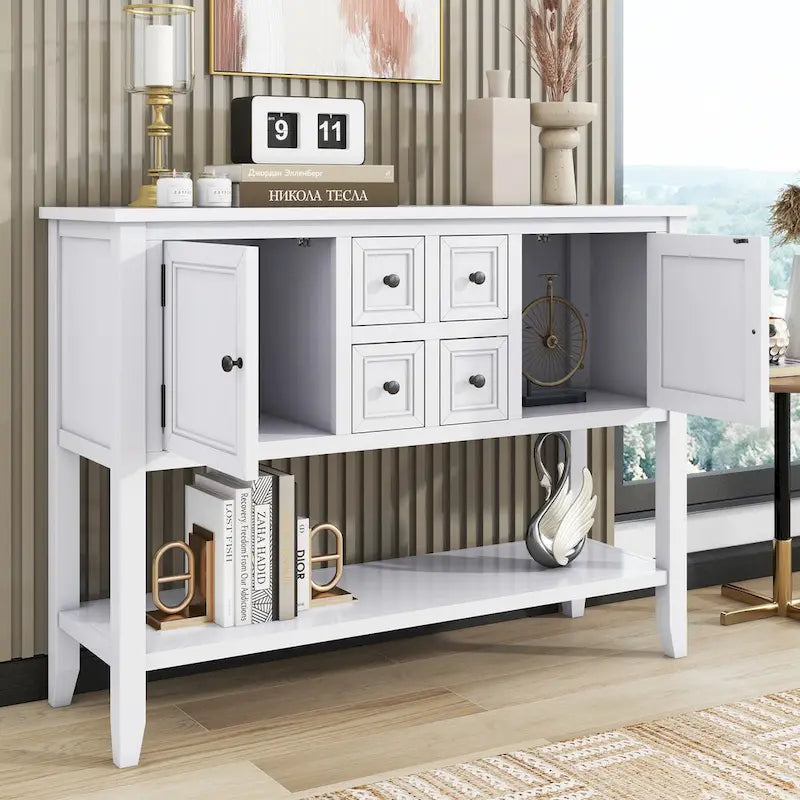 Buffet console de table blanc à 4 tiroirs avec étagère inférieure