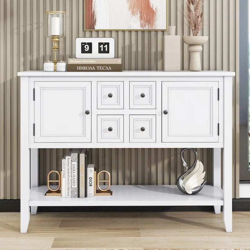 Buffet console de table blanc à 4 tiroirs avec étagère inférieure