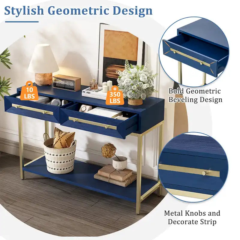 Console rétro en MDF de 45,5 po avec accents dorés, 2 tiroirs de rangement et design géométrique