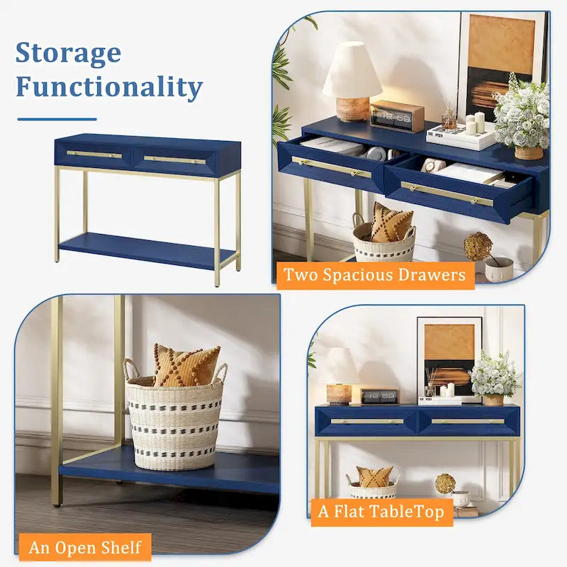 Console rétro en MDF de 45,5 po avec accents dorés, 2 tiroirs de rangement et design géométrique