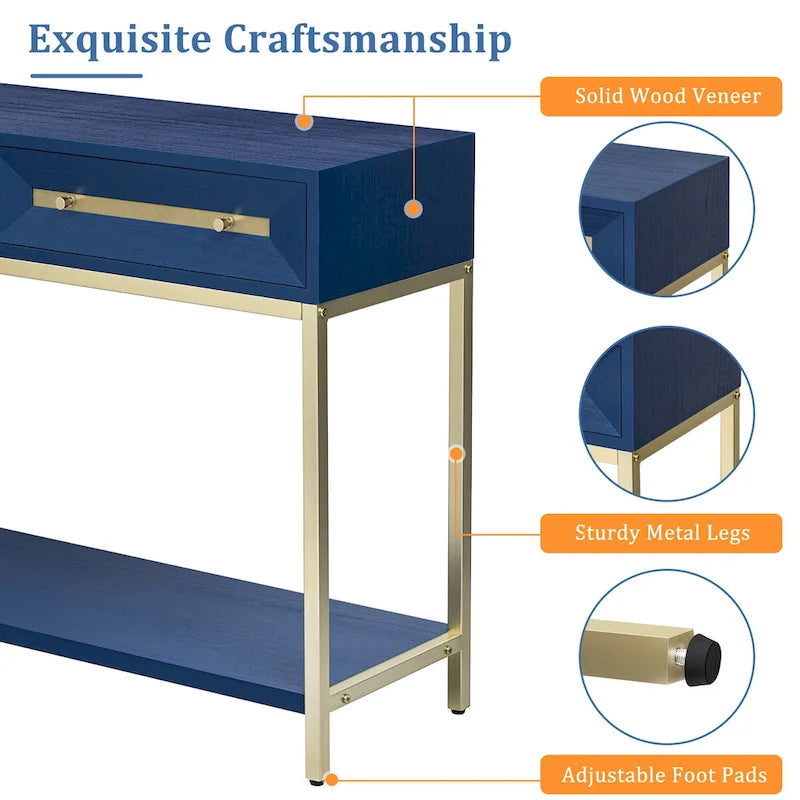 Console rétro en MDF de 45,5 po avec accents dorés, 2 tiroirs de rangement et design géométrique