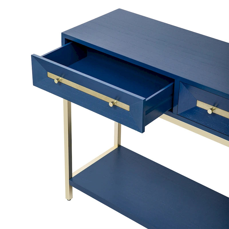 Console rétro en MDF de 45,5 po avec accents dorés, 2 tiroirs de rangement et design géométrique