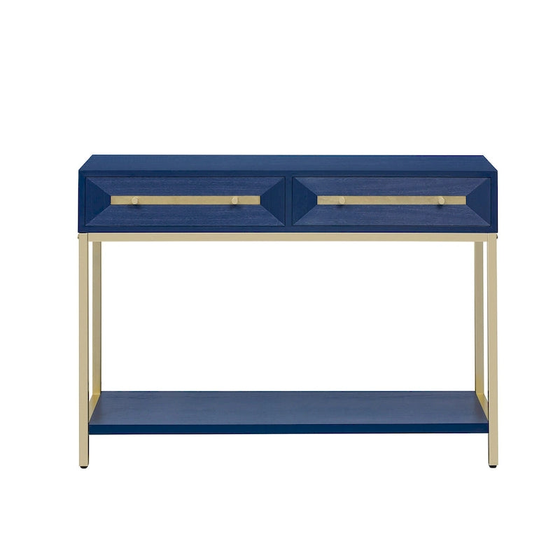 Console rétro en MDF de 45,5 po avec accents dorés, 2 tiroirs de rangement et design géométrique
