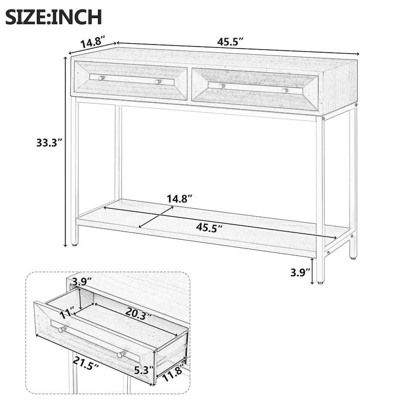 Console rétro en MDF de 45,5 po avec accents dorés, 2 tiroirs de rangement et design géométrique