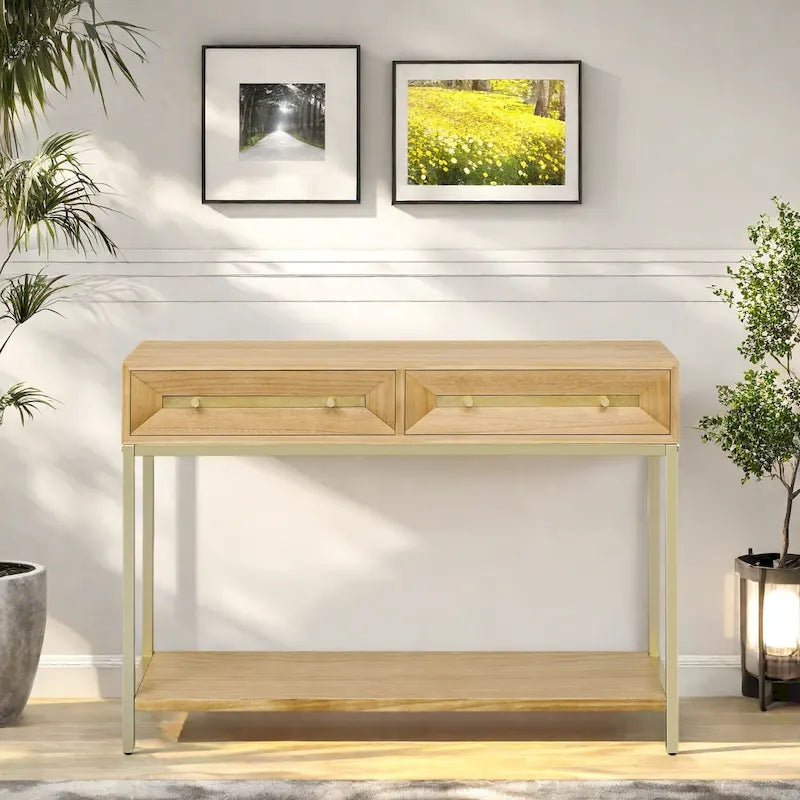 Console rétro en MDF de 45,5 po avec accents dorés, 2 tiroirs de rangement et design géométrique