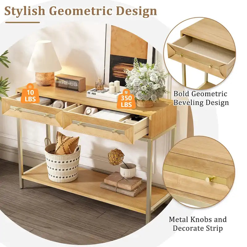 Console rétro en MDF de 45,5 po avec accents dorés, 2 tiroirs de rangement et design géométrique
