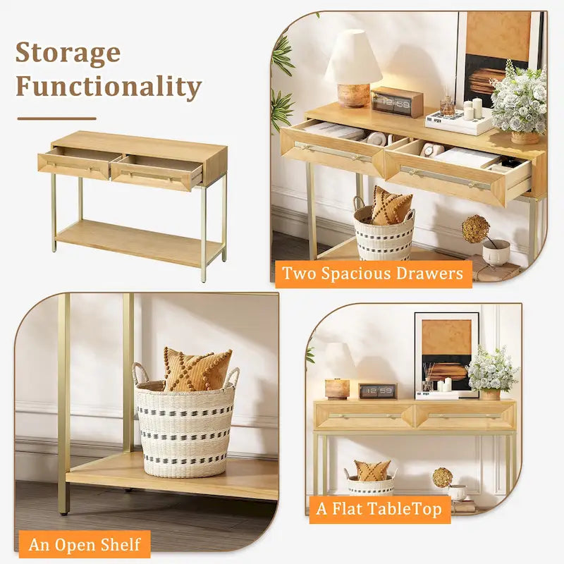 Console rétro en MDF de 45,5 po avec accents dorés, 2 tiroirs de rangement et design géométrique