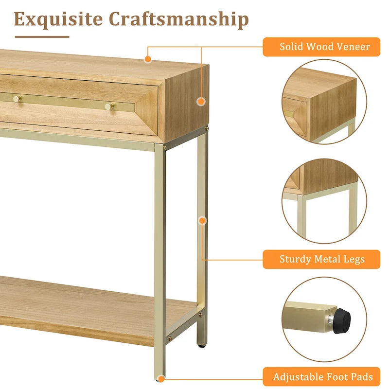 Console rétro en MDF de 45,5 po avec accents dorés, 2 tiroirs de rangement et design géométrique