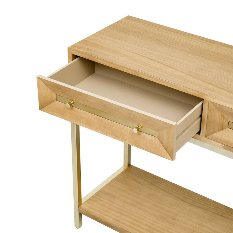 Console rétro en MDF de 45,5 po avec accents dorés, 2 tiroirs de rangement et design géométrique