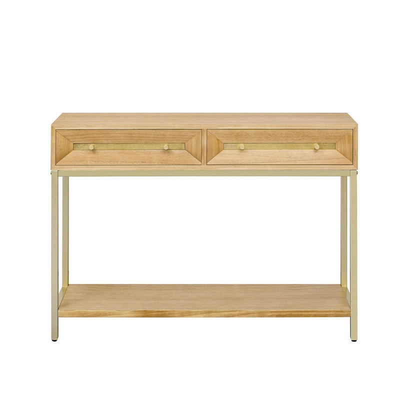 Console rétro en MDF de 45,5 po avec accents dorés, 2 tiroirs de rangement et design géométrique