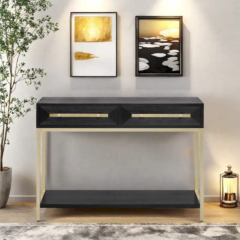 Console rétro en MDF de 45,5 po avec accents dorés, 2 tiroirs de rangement et design géométrique