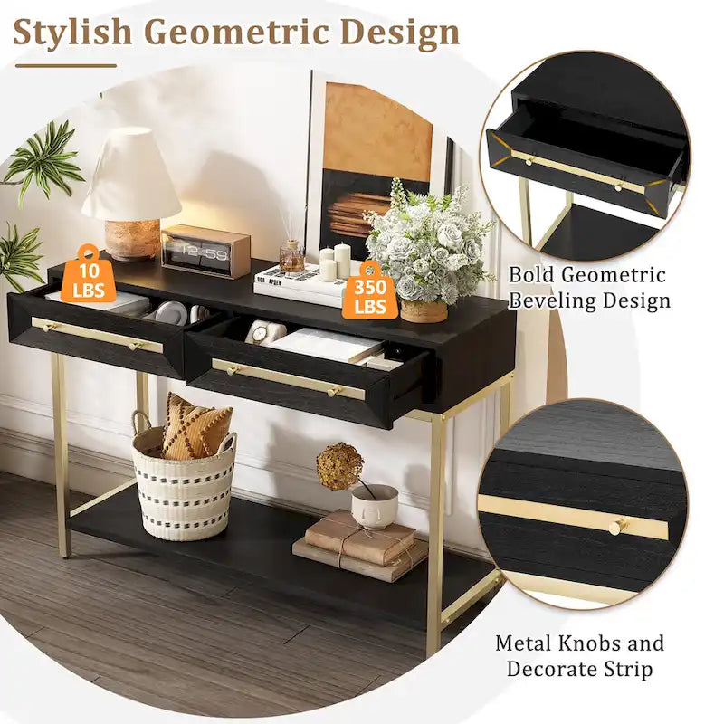 Console rétro en MDF de 45,5 po avec accents dorés, 2 tiroirs de rangement et design géométrique