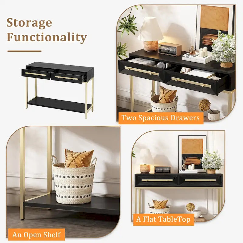 Console rétro en MDF de 45,5 po avec accents dorés, 2 tiroirs de rangement et design géométrique