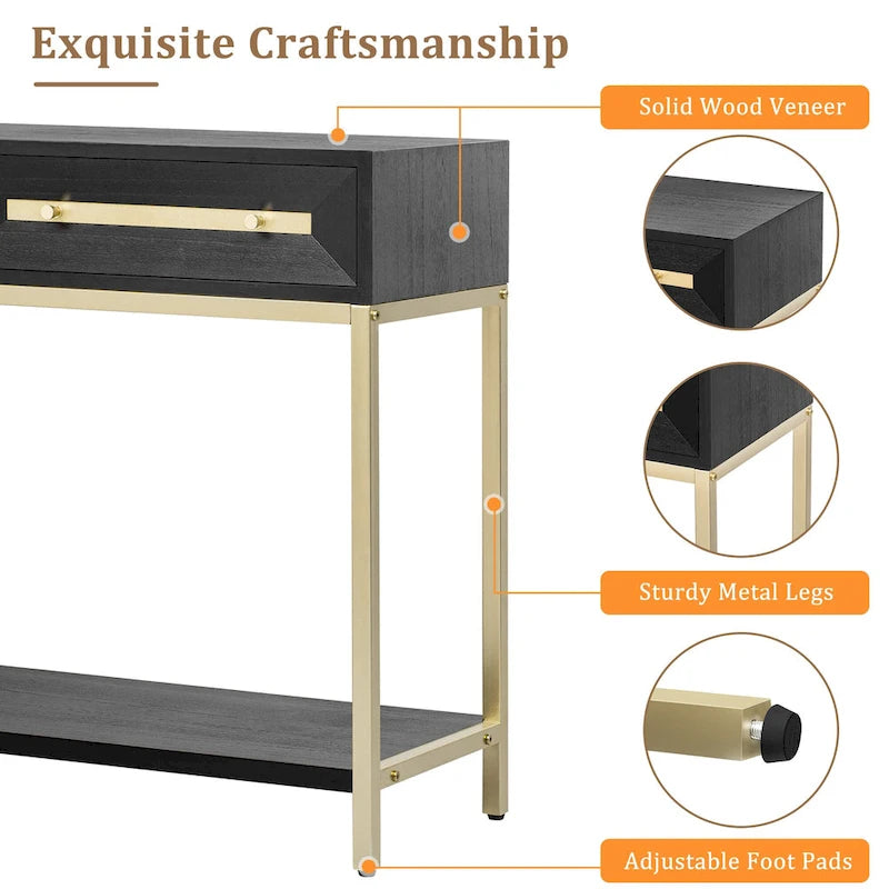 Console rétro en MDF de 45,5 po avec accents dorés, 2 tiroirs de rangement et design géométrique