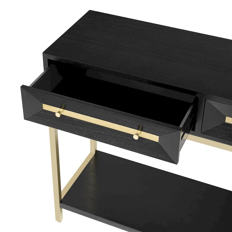 Console rétro en MDF de 45,5 po avec accents dorés, 2 tiroirs de rangement et design géométrique