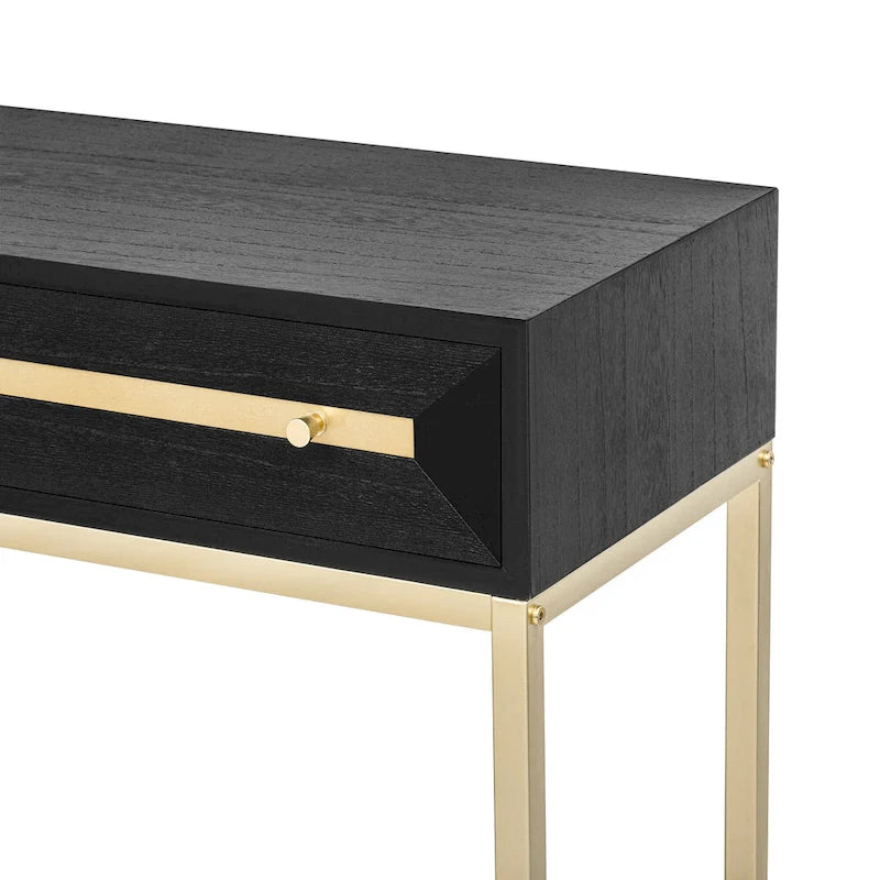 Console rétro en MDF de 45,5 po avec accents dorés, 2 tiroirs de rangement et design géométrique