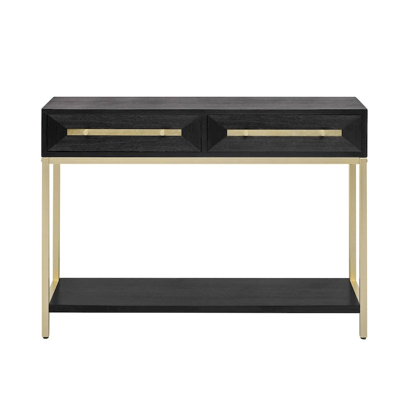 Console rétro en MDF de 45,5 po avec accents dorés, 2 tiroirs de rangement et design géométrique