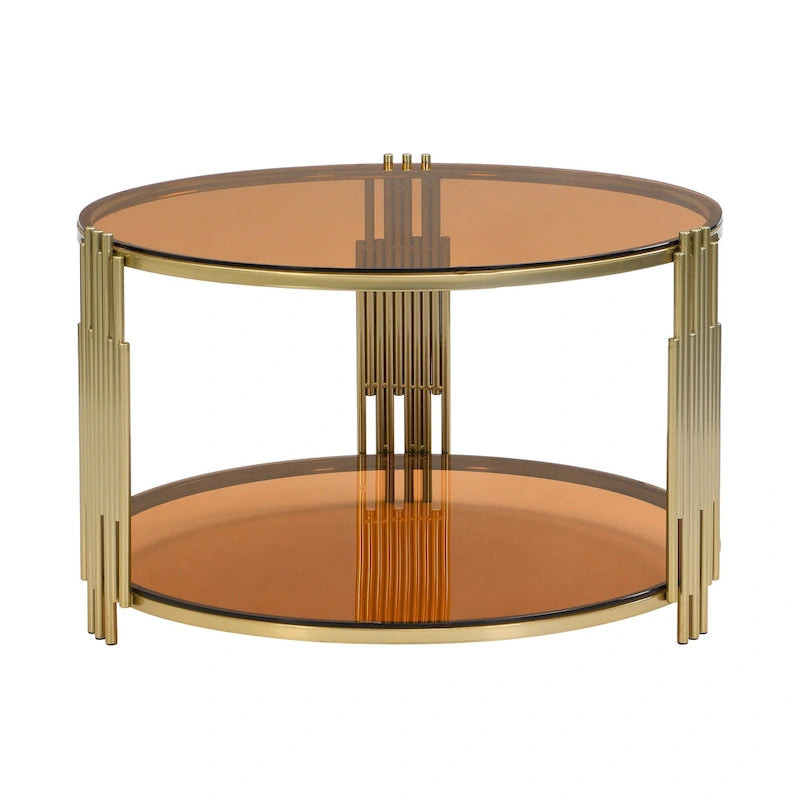 Table basse en verre trempé de 31,5 po avec motif métallique asymétrique et étagère inférieure