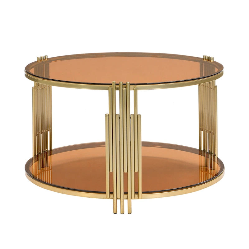 Table basse en verre trempé de 31,5 po avec motif métallique asymétrique et étagère inférieure