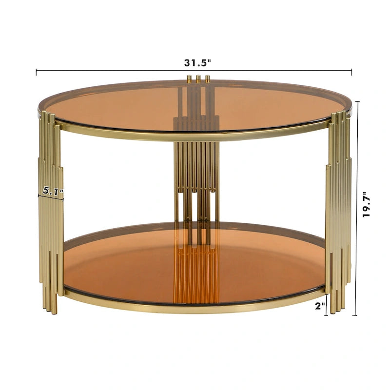Table basse en verre trempé de 31,5 po avec motif métallique asymétrique et étagère inférieure