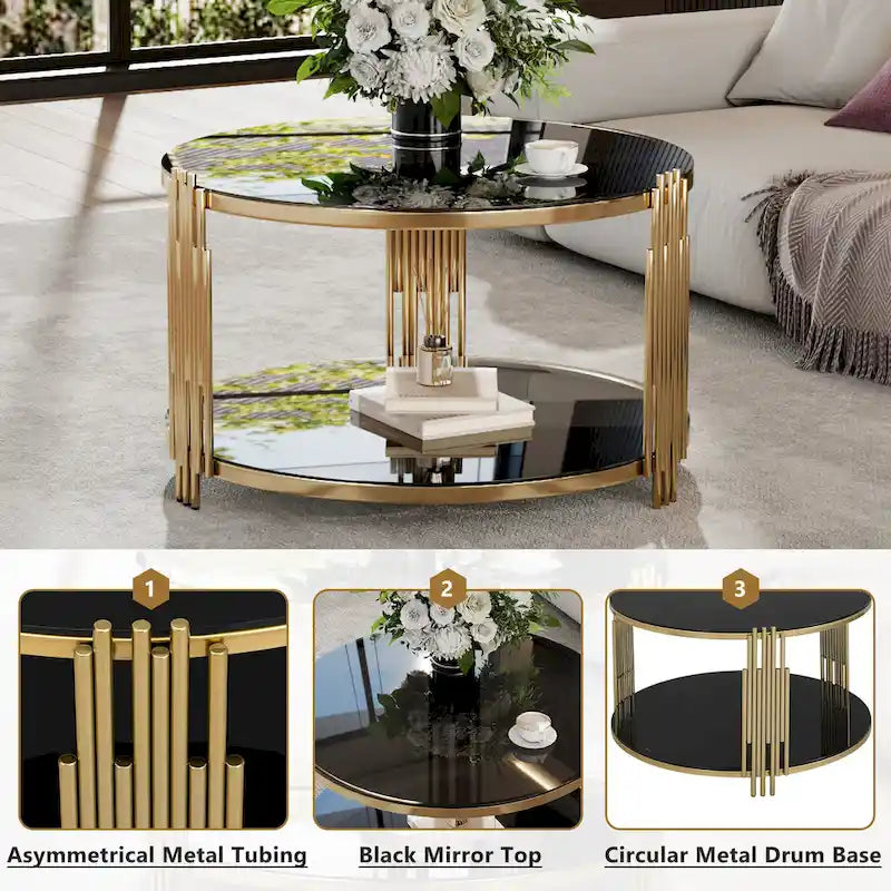 Table basse en verre trempé de 31,5 po avec motif métallique asymétrique et étagère inférieure