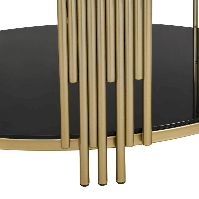 Table basse en verre trempé de 31,5 po avec motif métallique asymétrique et étagère inférieure