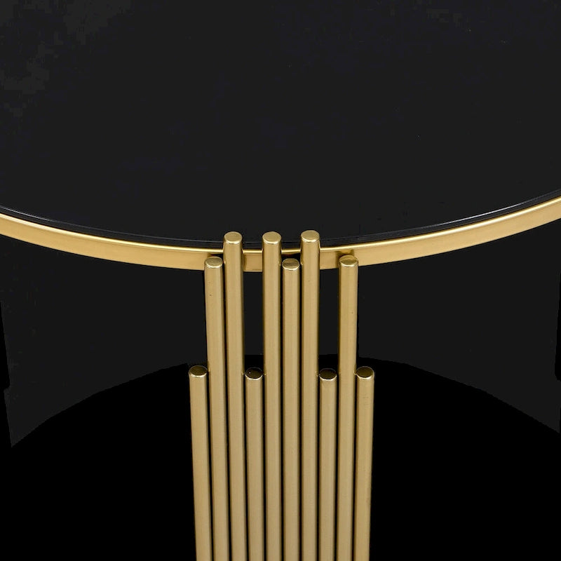 Table basse en verre trempé de 31,5 po avec motif métallique asymétrique et étagère inférieure