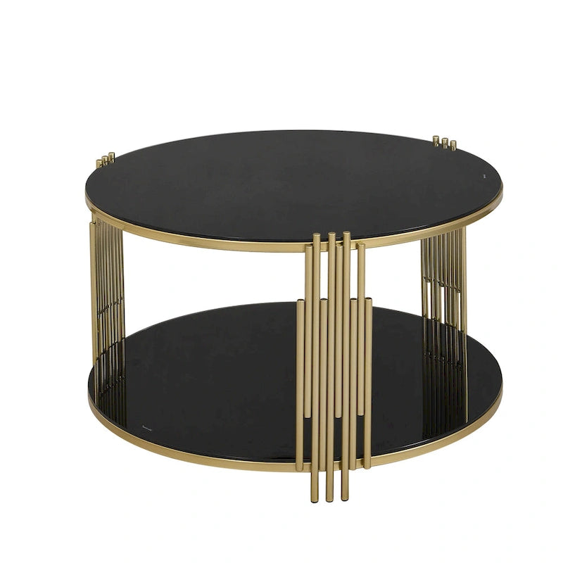 Table basse en verre trempé de 31,5 po avec motif métallique asymétrique et étagère inférieure