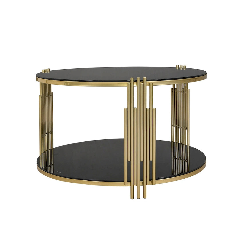 Table basse en verre trempé de 31,5 po avec motif métallique asymétrique et étagère inférieure