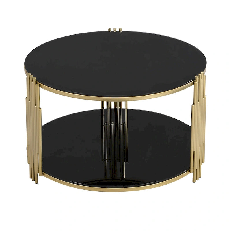 Table basse en verre trempé de 31,5 po avec motif métallique asymétrique et étagère inférieure