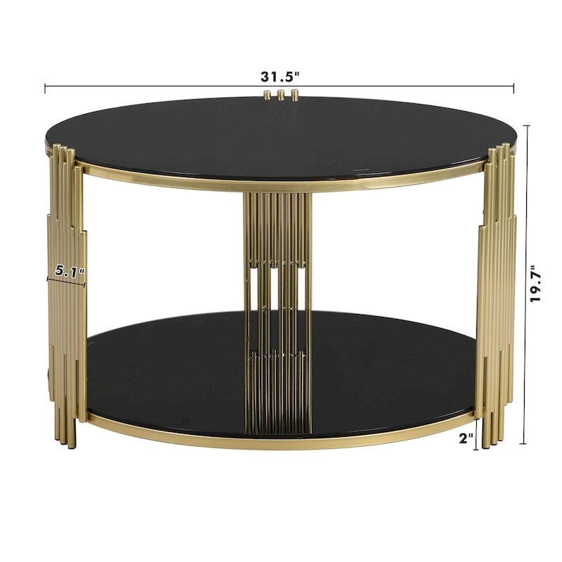 Table basse en verre trempé de 31,5 po avec motif métallique asymétrique et étagère inférieure