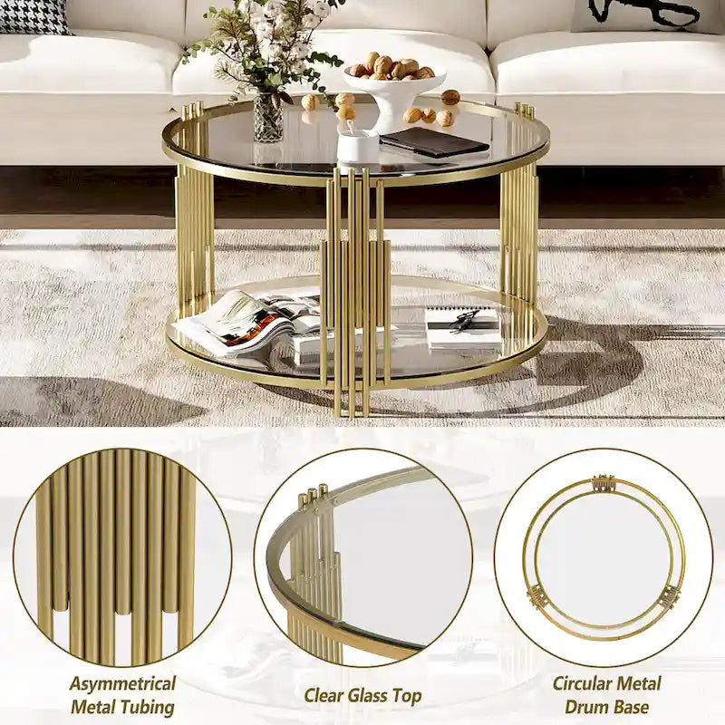 Table basse en verre trempé de 31,5 po avec motif métallique asymétrique et étagère inférieure
